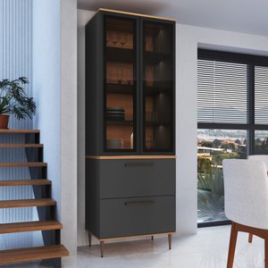 Armário Paneleiro 2 Portas 2 Gavetas Vidro Fume Isabelle