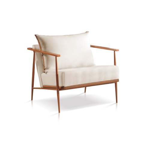 Poltrona Decorativa Linho Offwhite Base Cobre Aura