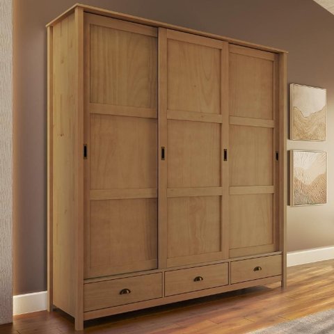 Guarda Roupa Casal Lazio 3 Portas Correr 3 Gavetas Madeira Freijó Mpozenato 196cm