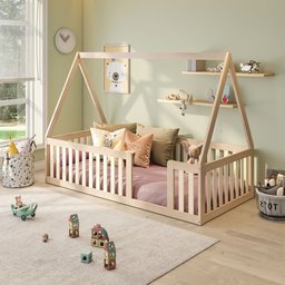 Cama Montessoriana Solteiro Com Grade e Telhado Giulia Casatema - 1