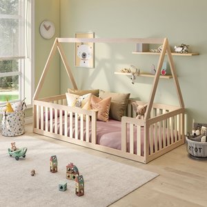 Cama Montessoriana Solteiro com Grade e Telhado Giulia Casatema MadeiraOriginals