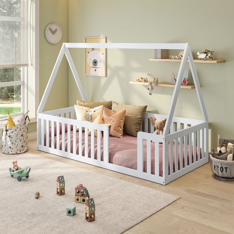 Cama Montessoriana Solteiro com Grade e Telhado Giulia Casatema MadeiraOriginals Branco