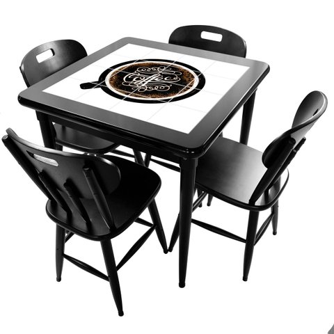 Cj Mesa Madeira Azulejo 80x80cm - Base 4pé 78cm + 4 Cadeiras 43 - Preta - Coffee