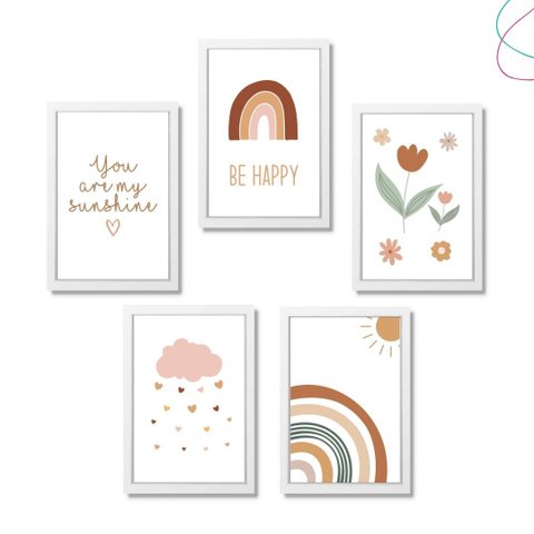 Kit 5 Quadros Decorativos Arco-íris Boho Escandinavo:branca