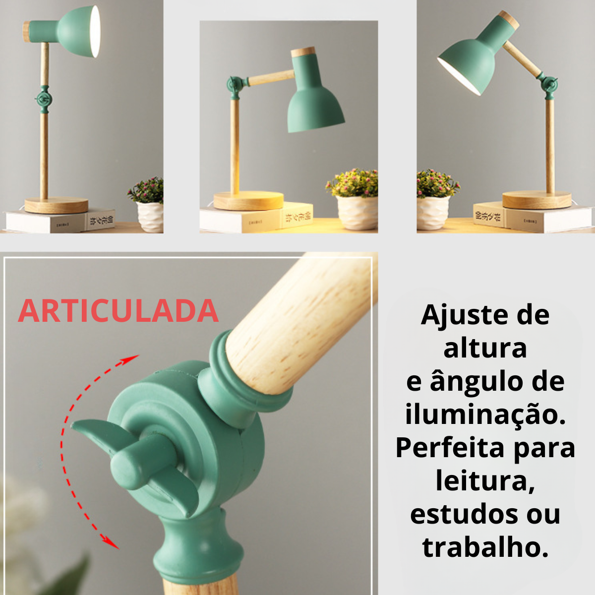 Ver imagem 7 de Luminária Mesa Abajur 45cm Articulada Retrô Madeira Gimpo Kjtd-685-pai:verde