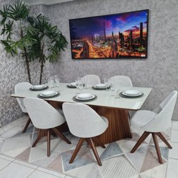 Sala de Jantar Mesa Sanches M720 e 6 Cadeiras Dilly Giratórias D'Confort Design Linho Mesclado Bege  - 2