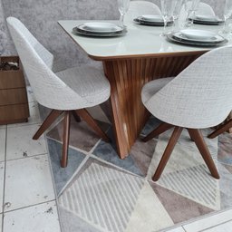 Sala de Jantar Mesa Sanches M720 e 6 Cadeiras Dilly Giratórias D'Confort Design Linho Mesclado Bege  - 7