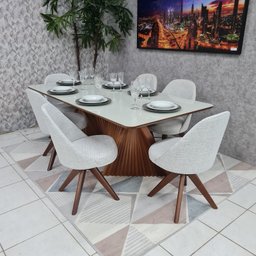 Sala de Jantar Mesa Sanches M720 e 6 Cadeiras Dilly Giratórias D'Confort Design Linho Mesclado Bege  - 3