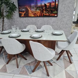 Sala de Jantar Mesa Sanches M720 e 6 Cadeiras Dilly Giratórias D'Confort Design Linho Mesclado Bege  - 6