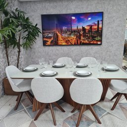 Sala de Jantar Mesa Sanches M720 e 6 Cadeiras Dilly Giratórias D'Confort Design Linho Mesclado Bege  - 5