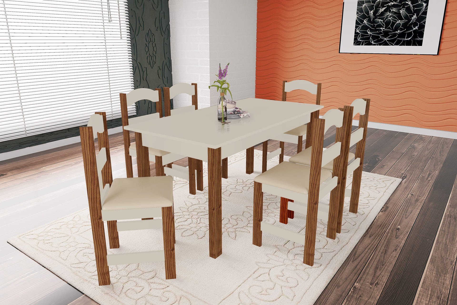 Conjunto de Mesa Com 4 Cadeiras Para Cozinha Tampo Retangular 1,06m Praiana  Araúna Off White e Bege