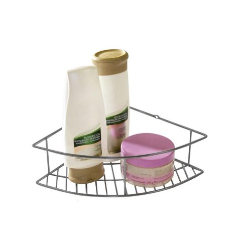 Porta Shampoo de Canto Para Banheiro Box Aramado Suporte Condicionador Duplo 2 Andares Aço Cinza