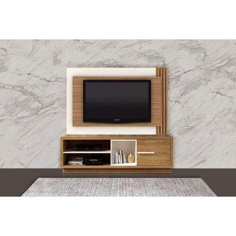 Rack Bancada C/ Painel P/ Tv até 65 Pol Pl3001/ra2002 Ripado 1 Porta 180x120cm Natural/off White -