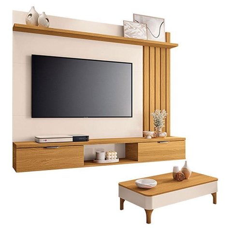 Painel Suspenso Lets Cinamomo Off White com Mesa de Centro Liz Off White Cinamomo - Hb Móveis