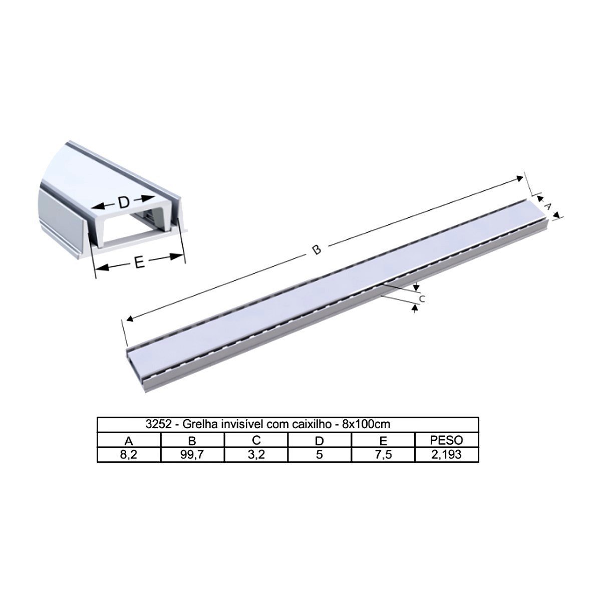 Grelha Linear Invisível Oculta com Caixilho Fendi 100x8cm G.D.A. INDUSTRIA E DISTRIBUIDORA DE FUNDID - 3