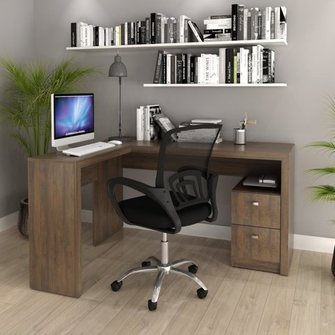 Conjunto 2 Peças com Escrivaninha em L 2 Gavetas Me4129 e Cadeira de Escritório Diretor Tela Mesh Tok 3310 Rústico