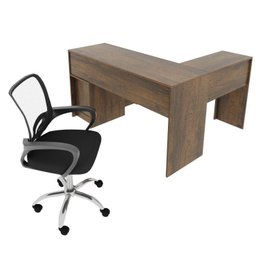 Kit 2 Peças com Escrivaninha em L 2 Gavetas Me4129 e Cadeira de Escritório Diretor Tela Mesh Tok 3310 - 4