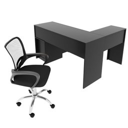 Kit 2 Peças com Escrivaninha em L 2 Gavetas Me4129 e Cadeira de Escritório Diretor Tela Mesh Tok 3310 - 4