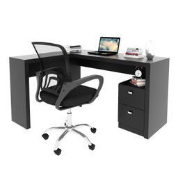 Kit 2 Peças com Escrivaninha em L 2 Gavetas Me4129 e Cadeira de Escritório Diretor Tela Mesh Tok 3310 - 2