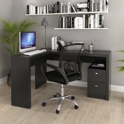 Conjunto 2 Peças com Escrivaninha em L 2 Gavetas Me4129 e Cadeira de Escritório Diretor Tela Mesh Tok 3310 Preto