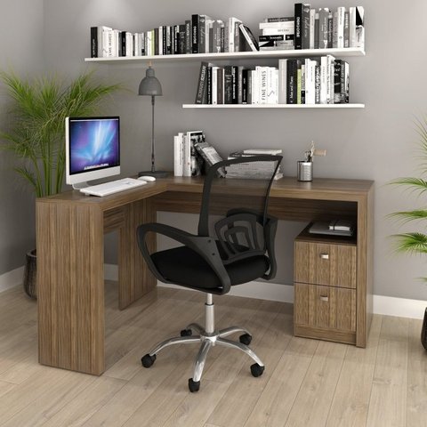 Conjunto 2 Peças com Escrivaninha em L 2 Gavetas Me4129 e Cadeira de Escritório Diretor Tela Mesh To