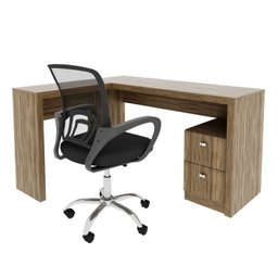 Kit 2 Peças com Escrivaninha em L 2 Gavetas Me4129 e Cadeira de Escritório Diretor Tela Mesh Tok 3310 - 4