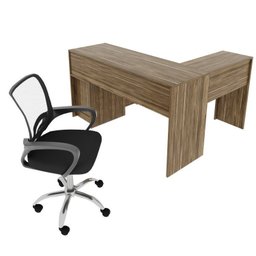 Kit 2 Peças com Escrivaninha em L 2 Gavetas Me4129 e Cadeira de Escritório Diretor Tela Mesh Tok 3310 - 3