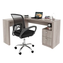 Kit 2 Peças com Escrivaninha em L 2 Gavetas Me4129 e Cadeira de Escritório Diretor Tela Mesh Tok 3310 - 2