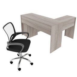 Kit 2 Peças com Escrivaninha em L 2 Gavetas Me4129 e Cadeira de Escritório Diretor Tela Mesh Tok 3310 - 4