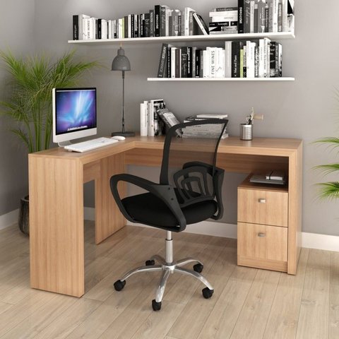 Conjunto 2 Peças com Escrivaninha em L 2 Gavetas ME4129 e Cadeira de Escritório Diretor Tela Mesh Tok 3310 Amendoa Marrom
