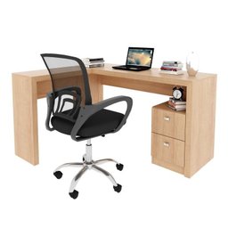 Kit 2 Peças com Escrivaninha em L 2 Gavetas Me4129 e Cadeira de Escritório Diretor Tela Mesh Tok 3310 - 2