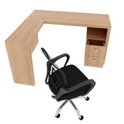 Kit 2 Peças com Escrivaninha em L 2 Gavetas Me4129 e Cadeira de Escritório Diretor Tela Mesh Tok 3310 - 3