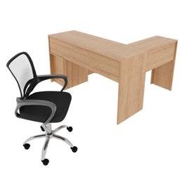 Kit 2 Peças com Escrivaninha em L 2 Gavetas Me4129 e Cadeira de Escritório Diretor Tela Mesh Tok 3310 - 4