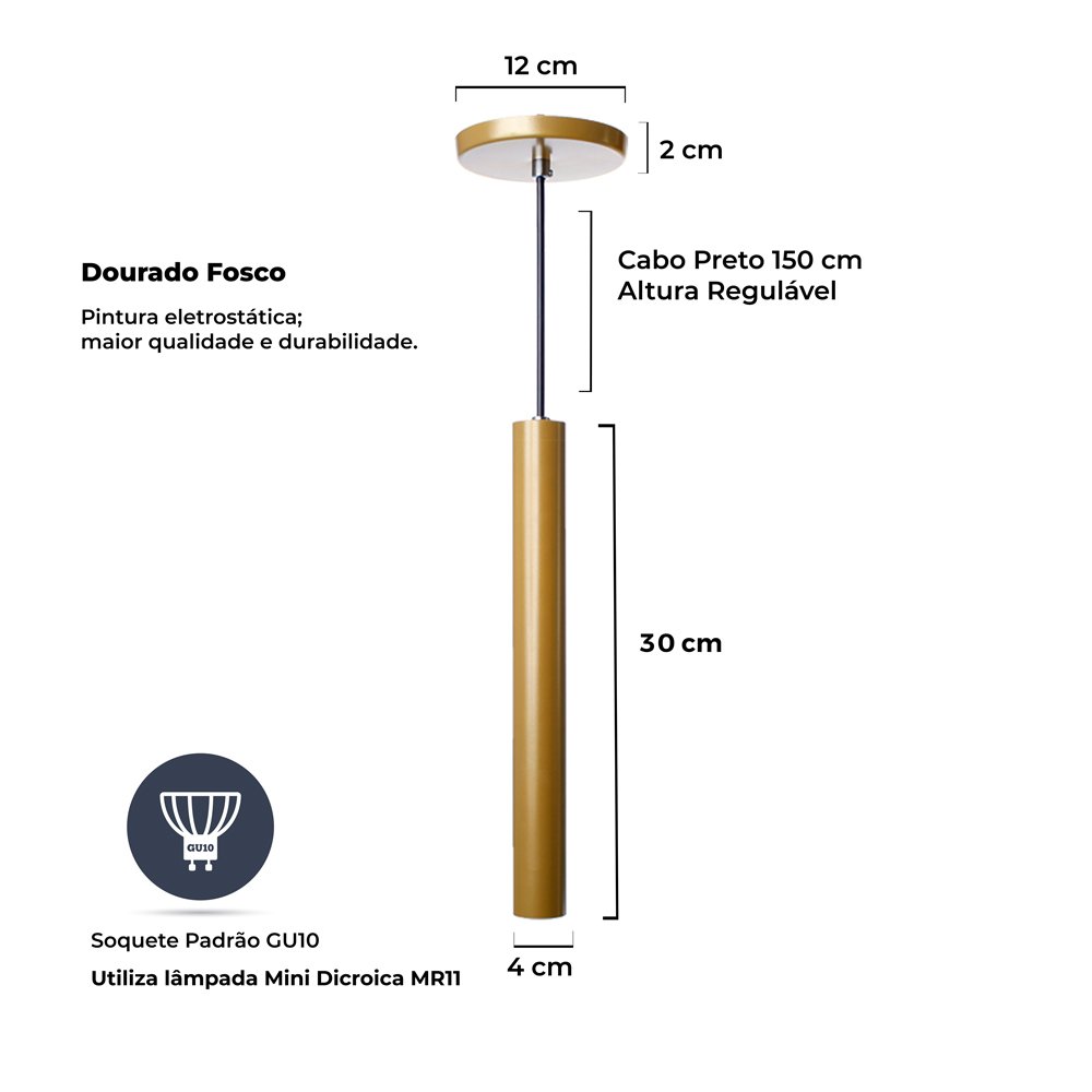 Kit 5 Pendente Luminária Tubo Dourado Fosco 30 Cm - 3