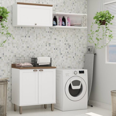 Kit Área de Serviço Acquaflex 100% MDF com Armário, Balcão e Nicho com Metalon Branco/Ébano