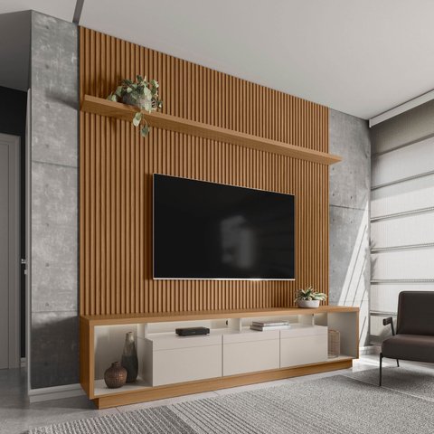 Rack com Painel Ripado para TV até 75 Polegadas com LED MDF 220CMX250CM Fita Cronos CabeCasa MadeiraOriginals Marrom