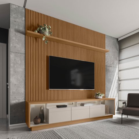 Rack com Painel Ripado para TV até 75 Polegadas 218cm com Fita LED Cronos CabeCasa MadeiraOriginals