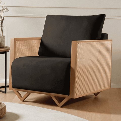 Poltrona para Sala de Estar Madeira Maciça Palha Rattan Arthur Preto
