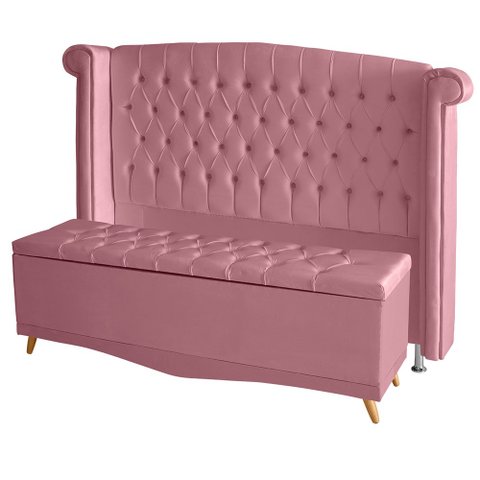 Kit de Quarto Cabeceira de Cama Box e Calçadeira Baú Toquio Casal 140 Cm Suede Rosa Bebê Ec Móveis