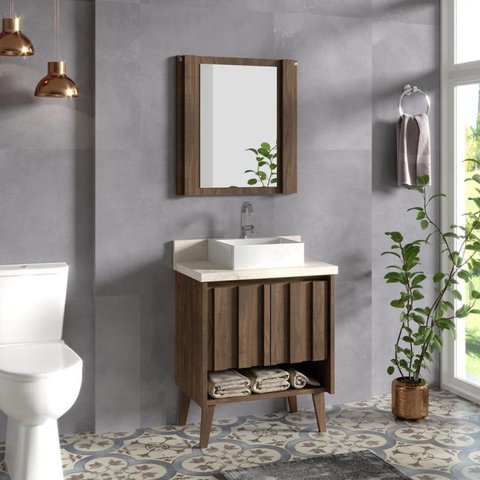 Gabinete para Banheiro 62cm com Cuba em Marmorite e Espelheira Marrom/Ameixa/Atenna