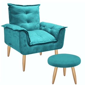 Kit Poltrona Opala Talita Cadeira Decorativa + Puff Redondo Pés Palito Mercado Dos Móveis:azul Turqu