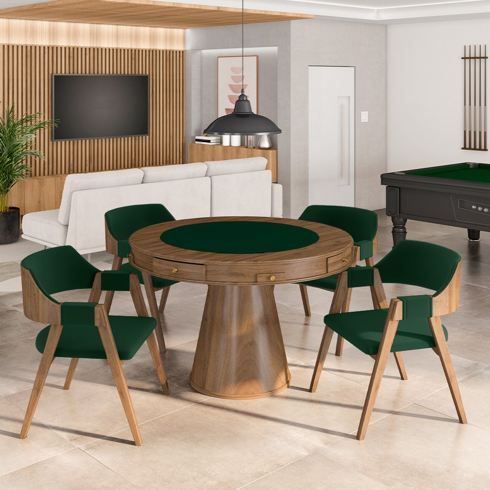 Conjunto Mesa de Jogos Carteado Bellagio Tampo Reversível e 4 Cadeiras Madeira Poker Base Cone Velud - 5