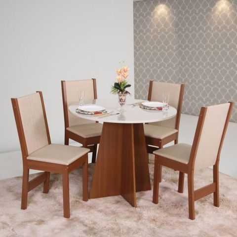 Conjunto Mesa Paraty Redonda com 4 Cadeiras Melina Asgard Bege Naturalle e Off