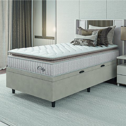 Cama Box Baú Colchão Solteiro Molas Ensacadas City Pillow Top 88x188x64cm Branco / Bege Hellen