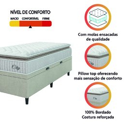 Cama Box Baú Colchão Solteiro Molas Ensacadas City Pillow Top 88x188x64cm Branco / Bege Hellen - 6
