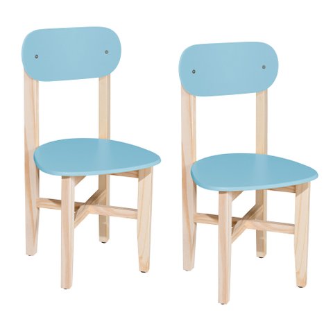 Kit 2 Cadeiras Colorê Infantil Assento e Encosto Azul Base em Madeira Maciça Pinus