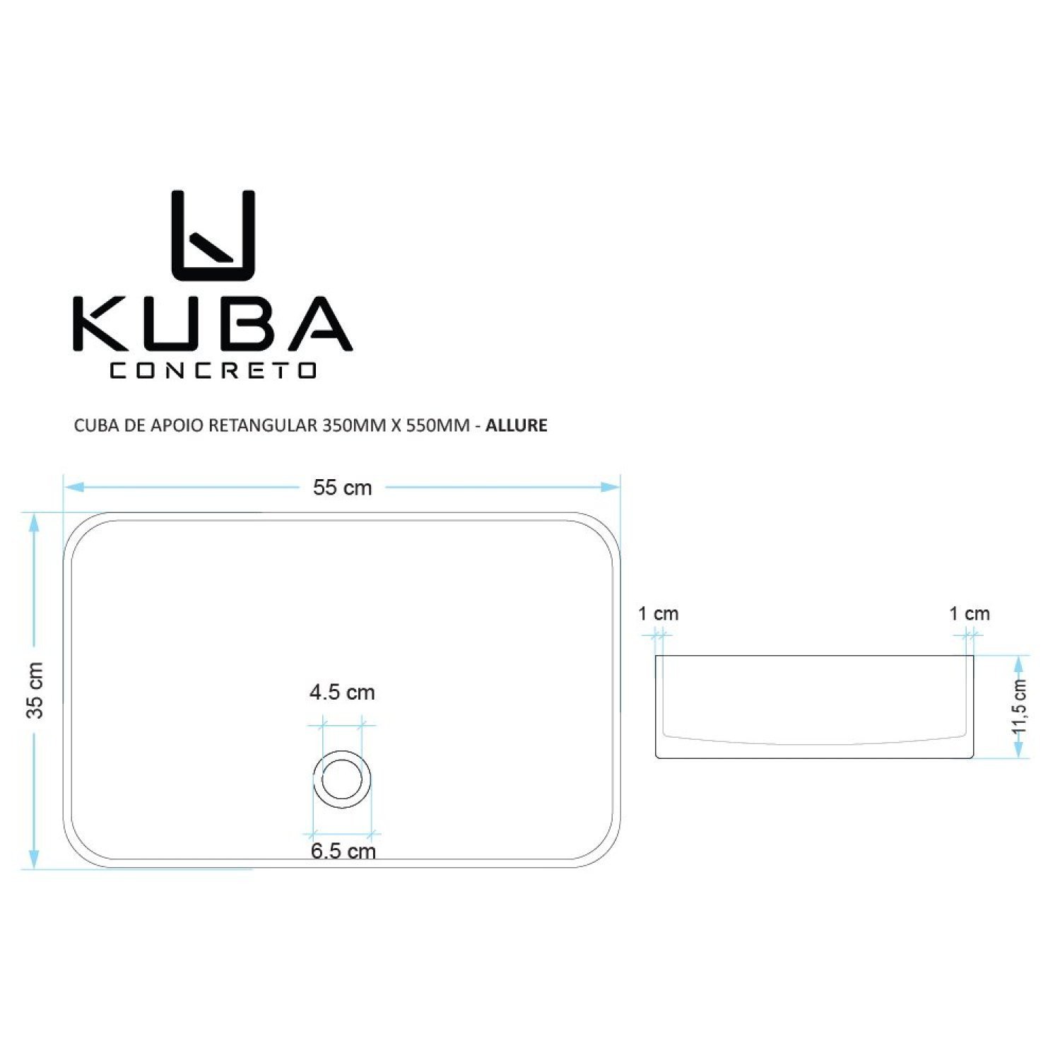 Cuba de Banheiro Concreto Apoio Retangular 55cm Allure Bela Metais - 3