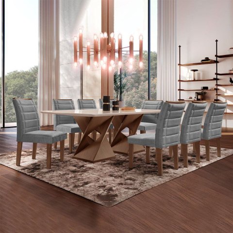 Conjunto Sala de Jantar Genova Tampo Vidro/MDF com 8 Cadeiras Smart Plus