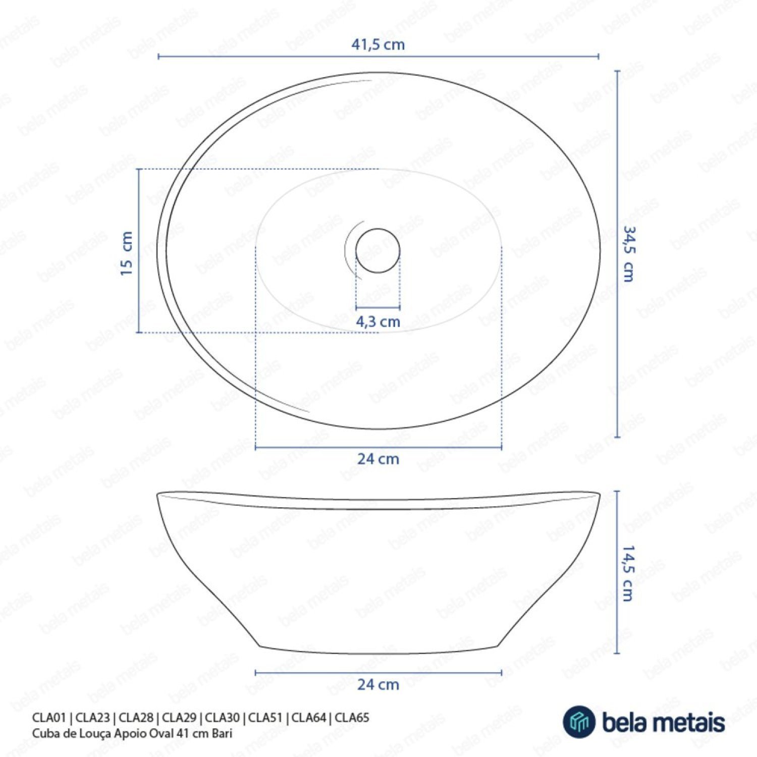 Cuba de Banheiro Louça Apoio Oval 41,5cm Bari Mármore Milano Bela Metais - 3