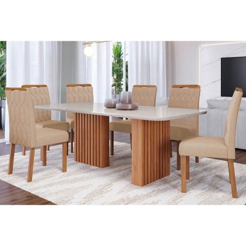 Conjunto: Mesa Sala Jantar Ester C/ Tampo Madeirado C/ Vidro 180x90cm e 6 Cadeiras Paola Nature/
